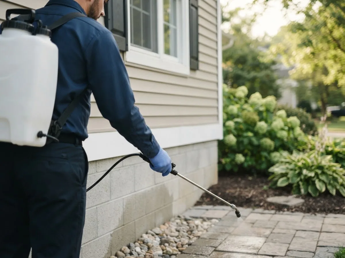Pest control technician inspecting a home in Holden, ME
